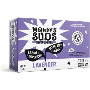 imageMollys Suds Fabric Softener Dryer Sheets for Sensitive Skin  PlantBased Static Reducer PlasticFree Packaging  Lavender 120 SheetsLavender